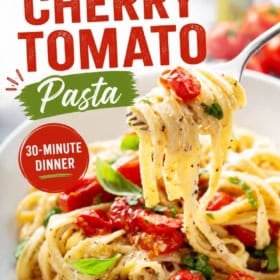 A fork twirls creamy pasta with roasted cherry tomatoes and basil. Text reads “Roasted Cherry Tomato Pasta, 30-Minute Dinner, The Novice Chef.” The dish sits in a white bowl with fresh tomatoes in the background.