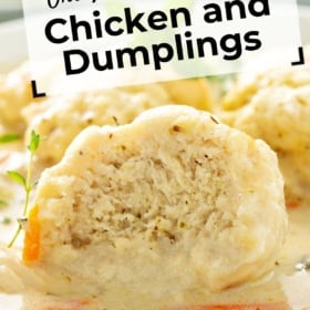 Close-up of a plate with chicken and dumplings in a creamy sauce, garnished with herbs. The text above reads One-Pot Comfort Food Chicken and Dumplings. Website thenovicechef.com appears at the bottom.