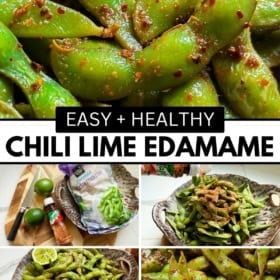 Close-up shots of spicy edamame pods coated in Tajin seasoning and lime juice. Step-by-step images display the preparation process.