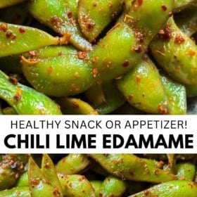 Close-up of bright green steamed edamame pods coated with chili flakes and lime seasoning. Text reads: Healthy snack or appetizer! Chili Lime Edamame.