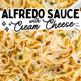 Close-up of creamy fettuccine Alfredo pasta garnished with herbs. Text reads Alfredo Sauce with Cream Cheese and thenovicechef.com across the image.