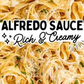 Close-up of fettuccine pasta coated in creamy Alfredo sauce, garnished with parsley and pepper. Text overlay reads “Alfredo Sauce Rich & Creamy, Quick and Easy!” and “thenovicechef.com.”.