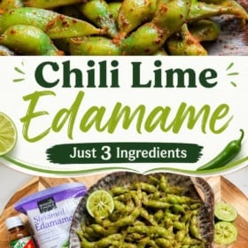 A bowl of chili lime edamame is shown, seasoned and garnished with lime slices. Ingredients like edamame, Tajin seasoning, and limes are displayed on a wooden board.
