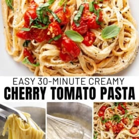 A bowl of creamy tomato pasta with fresh basil. Below, step images show pasta boiling, sauce being whisked, and finished pasta with tomatoes. Text reads Easy 30-Minute Creamy Cherry Tomato Pasta and The Novice Chef.