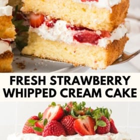 A two-layer strawberry shortcake cake with whipped cream and fresh strawberries between and on top, with a slice cut out.