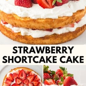 A strawberry shortcake cake topped with whipped cream and fresh strawberries, shown whole, sliced, and from above.