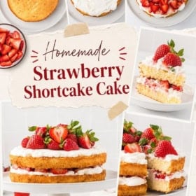 A collage shows the step-by-step assembly and finished look of a homemade strawberry shortcake cake with layers of cake, whipped cream, and fresh strawberries.