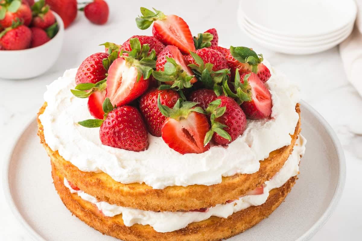 This homemade Strawberry Shortcake Cake recipe stacks a dense and rich butter cake with whipped cream and macerated strawberries in every bite. A two-layer strawberry cream cake with whipped cream filling and topping, garnished with whole and halved fresh strawberries, displayed on a white plate. A bowl of strawberries and stacked plates are in the background.