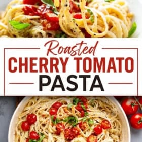 A plate of fettuccine pasta with roasted cherry tomatoes, basil, and grated cheese. A fork lifts a bite of pasta above the bowl. The text reads “Roasted Cherry Tomato Pasta - The Novice Chef.”.