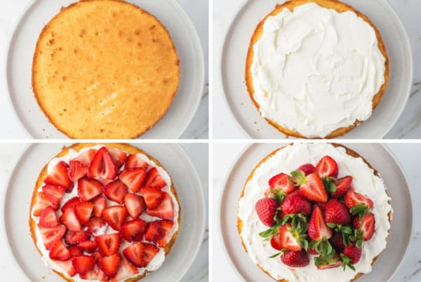 This homemade Strawberry Shortcake Cake recipe stacks a dense and rich butter cake with whipped cream and macerated strawberries in every bite. Four steps of assembling a strawberry shortcake: plain sponge cake, cake with whipped cream, cake with whipped cream and sliced strawberries, and finished strawberry whipped cream cake topped with whole and sliced strawberries.