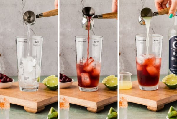 Three-panel image shows a glass with ice being filled: first with clear liquid, then with red liquid, and then with pale yellow liquid. Limes, cherries, and a bottle are visible on a wooden board in the background.