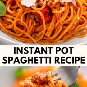 Close-up of spaghetti with tomato sauce, ground meat, parmesan, and basil in a bowl. Below, a fork lifts a bite of spaghetti. Text reads Instant Pot Spaghetti Recipe and The Novice Chef..