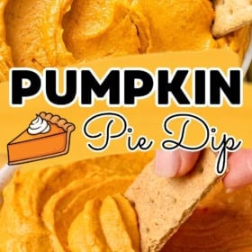 A bowl of creamy orange pumpkin pie dip with graham crackers. One hand dips a cracker into the dip.