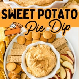 Sweet potato pie dip in a white bowl, surrounded by vanilla wafers, graham crackers, and apple slices on a platter. Text reads Sweet Potato Pie Dip with a pie illustration.