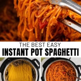 Collage showing tongs holding spaghetti, dry spaghetti and ingredients in an Instant Pot, and cooked spaghetti in the pot. Text reads: The Best Easy Instant Pot Spaghetti. The Novice Chef..