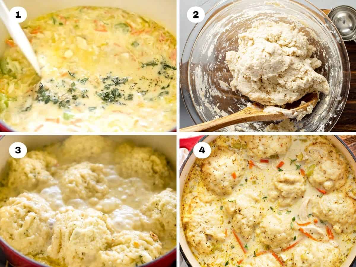 The best Chicken and Dumplings you'll ever make! Ready in under an hour with a thick creamy broth, juicy chicken, and big fluffy dumplings. Four-step collage showing how to make chicken and dumplings: 1. Cooking creamy soup with vegetables, 2. Mixing dough in a bowl, 3. Dumplings cooking in broth, 4. Finished dumplings with veggies in creamy broth.