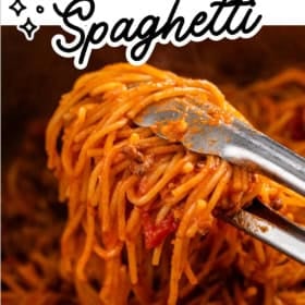 Tongs lifting a serving of spaghetti with red sauce from an Instant Pot, with the text Instant Pot Spaghetti at the top and thenovicechef.com at the bottom.