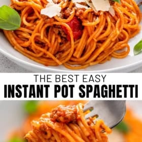 A bowl of spaghetti with meat sauce, topped with basil and Parmesan, next to a close-up of a forkful of spaghetti. Text reads: The Best Easy Instant Pot Spaghetti. The Novice Chef.