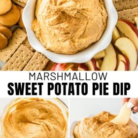 A bowl of creamy sweet potato pie dip surrounded by graham crackers, vanilla wafers, and apple slices, with a hand dipping a cracker. Text reads: Marshmallow Sweet Potato Pie Dip, The Novice Chef.