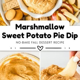 Marshmallow sweet potato pie dip in a bowl with cookies and apple slices, shown with close-ups of the creamy dip being mixed and scooped, labeled as a no-bake fall dessert recipe.