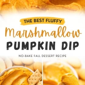 Graham cracker dipping into fluffy orange marshmallow pumpkin dip, surrounded by cookies.