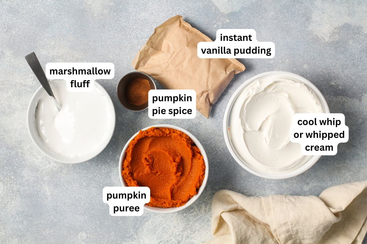 This no-bake Pumpkin Dip is perfectly spiced and made with marshmallow fluff to keep it extra fluffy. Party ready in just 5 minutes! Top view of labeled ingredients for a pumpkin dip recipe: marshmallow fluff, pumpkin pie spice, instant vanilla pudding, cool whip or whipped cream, and pumpkin pure.