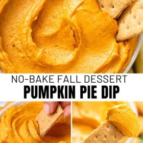 Pumpkin pie dip in a bowl with graham crackers for dipping; closeups show a hand dipping a cracker into the creamy orange pumpkin dip.