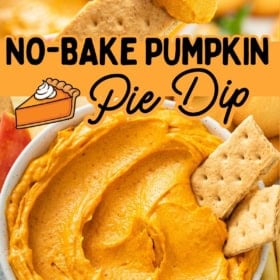 A creamy orange pumpkin dip in a white bowl, garnished with graham crackers.