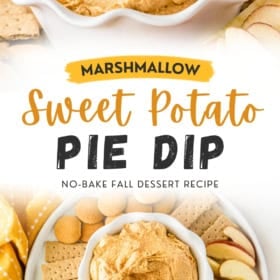 Bowl of sweet potato pie dip surrounded by graham crackers, apple slices, and vanilla wafers, with a hand dipping an apple slice into the dip. Text overlay reads: Marshmallow Sweet Potato Pie Dip..