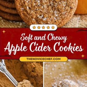 A stack of chewy apple cider cookies sprinkled with sugar, dough being scooped, and an unbaked cookie on a baking mat.