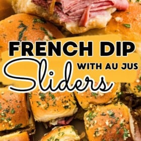 A close-up of French dip sliders filled with sliced meat and cheese, topped with herbs on shiny buns.