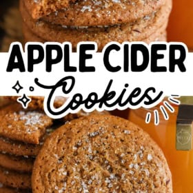 Stack of soft apple cider cookies topped with coarse sugar, one cookie broken in half.