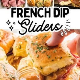 Four steps show making French dip sliders: assembling with ham and cheese, baking with herbs, and dipping a finished slider into au jus.