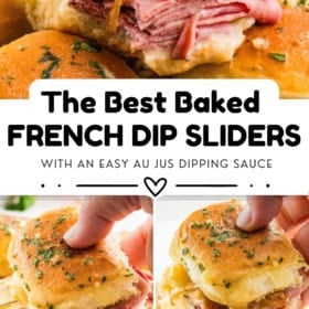 Golden baked French dip sliders filled with roast beef and melted cheese, topped with herbs, and served with a small bowl of au jus dipping sauce; hands hold a slider, dipping it into the sauce.