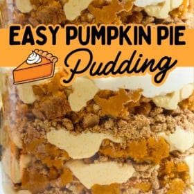 A close-up of a layered pumpkin pie pudding dessert in a glass trifle dish.