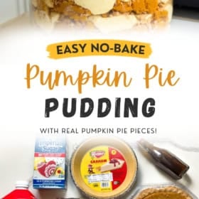 A glass dish of layered pumpkin pie pudding sits on a counter; ingredients including milk, sugar, pudding mix, heavy cream, pie, and graham crust.
