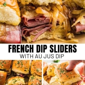 French dip sliders with layers of roast beef, melted cheese, caramelized onions on soft buns, topped with herbs. A hand dips a slider into a bowl of au jus sauce.