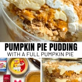 Close-up of pumpkin pie pudding with whipped cream and crumbled crust in a glass dish, ingredients and layered pudding shown.