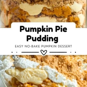 A close-up of a glass dish filled with layers of pumpkin pie pudding, whipped cream, and crumbled cookies, shown from the side and top.