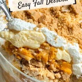 A close-up of a trifle dish filled with pumpkin pie pudding with layers of whipped cream, pumpkin pie filling, and crumbled cookies.