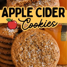 A stack of apple cider cookies topped with coarse sugar, one broken in half, next to a jar of apple cider.