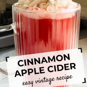 A glass mug of red hot apple cider topped with whipped cream and cinnamon.