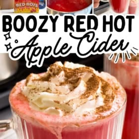 A glass mug filled with red hot apple cider cocktail topped with whipped cream and cinnamon, surrounded by ingredient photos.