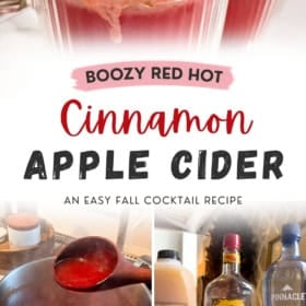 A recipe card titled Boozy Red Hot Cinnamon Apple Cider featuring an image of the drink topped with whipped cream, a photo of red liquid in a pot, and images of apple cider, Fireball, whipped cream vodka, and Red Hots candy.